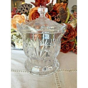 Vintage Czech Republic Crystal Lidded Candy Dish Cut Leaf Pedestal Bowl-Heavy